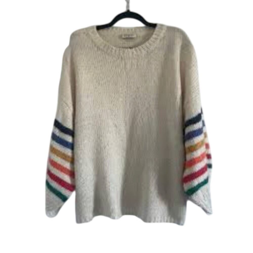 Entro Cream Sweater with Rainbow Stripe Sleeves Size Large EUC